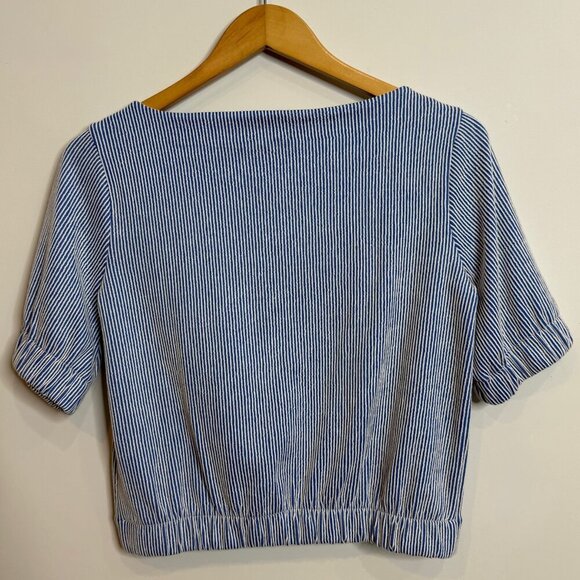 💙 J.Crew Blue/White Striped Puff Sleeve Top | Boat Neck Stretch Waist XS - Picture 5 of 6